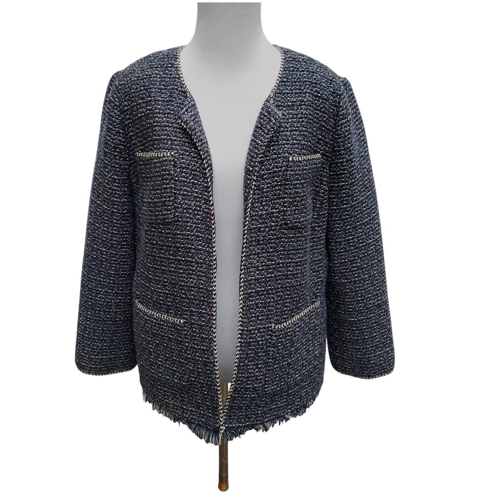 Talbots Career Academia Cotton Blend Fringe Open Blazer Jacket Rope Trim Sz 12
